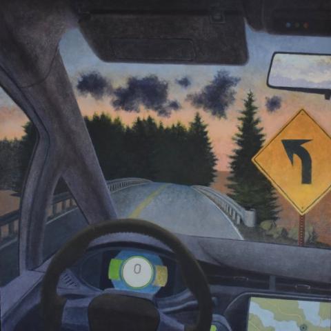 Painting of a driver's perspective behind the wheel, looking out to a road lined with pine trees and a sign indicating that the road curves up ahead.