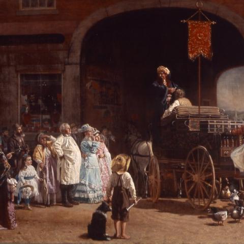 Oil painting of a crowd in a city square watching a man on a cart, under which there are ducks.