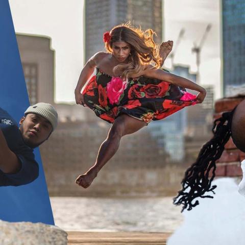 A collage of three images: a young, Asian man holds his leg up, a Black woman leaps, in a ruby-toned, floral dress at the Boston waterfront, and a Black woman leans back, her braids blowing in the wind.