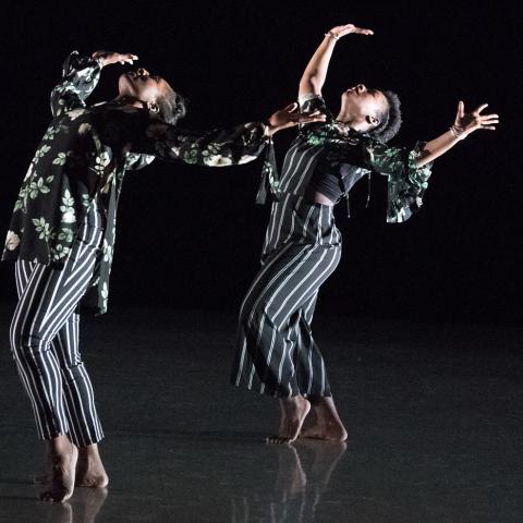 Two dancers on a dark stage arching back with arms in the air. Costumes are bold graphic black and white designs.