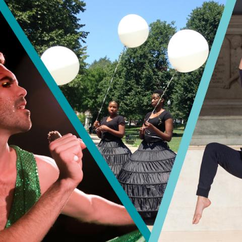 Collage where a man in a green dress sings into a microphone, women of color (in black dresses and holding white balloons) walk through a park, and a woman with dark hair lifts her arms and legs,