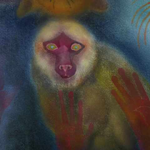 Painting of a monkey with soft blues and purples surrounding the green and brown subject.