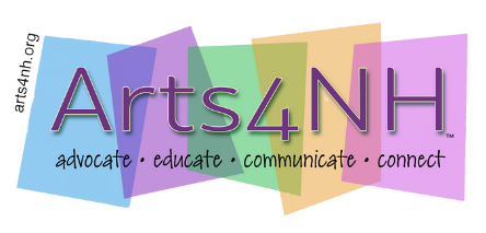 The phrase Arts4NH with advocate, educate, communicate, and connect over monochrome squares.