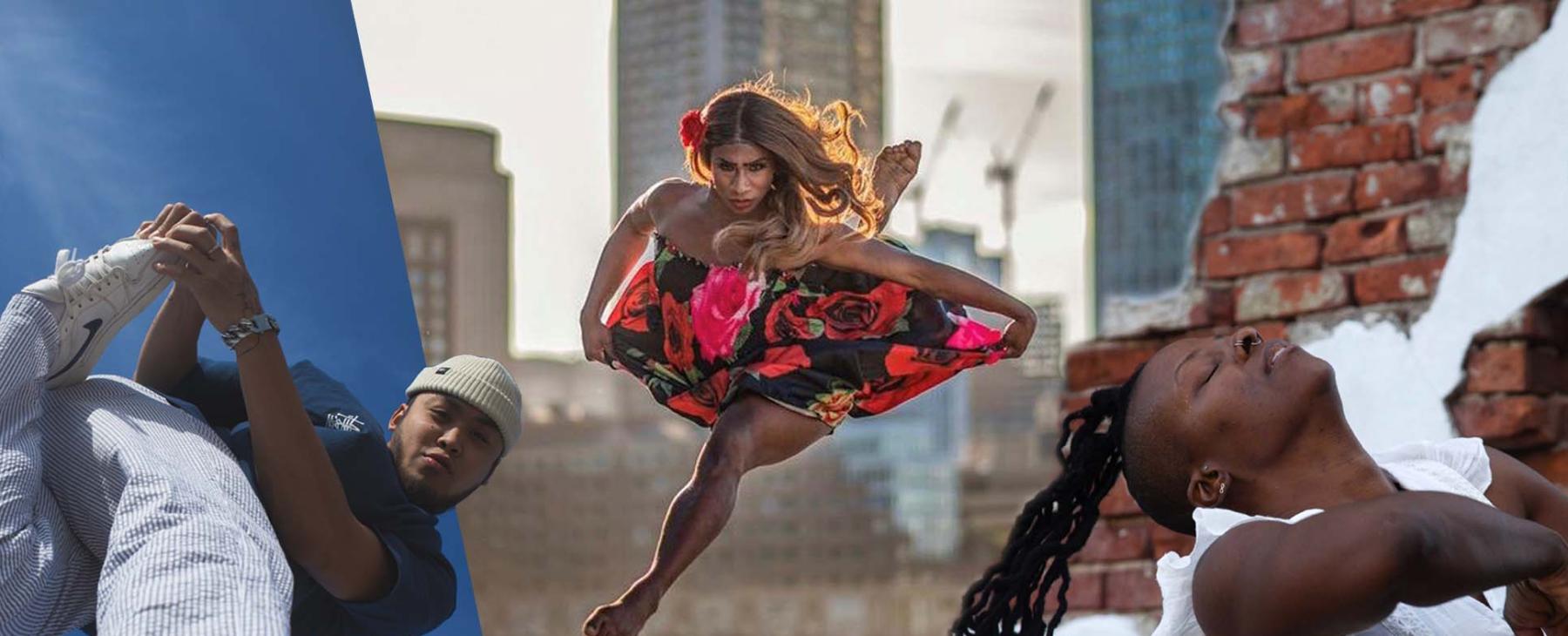 A collage of three images: a young, Asian man holds his leg up, a Black woman leaps, in a ruby-toned, floral dress at the Boston waterfront, and a Black woman leans back, her braids blowing in the wind.