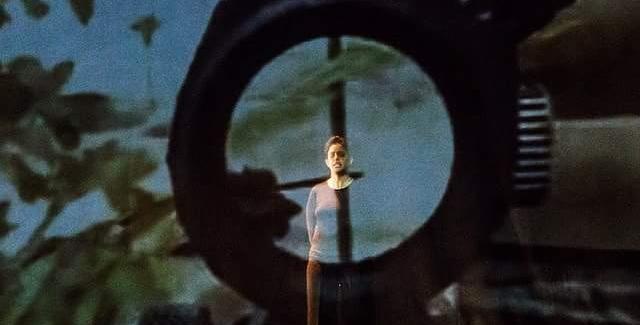 A person on a stage hehind a projection of flowers and some kind of lens with knobs.