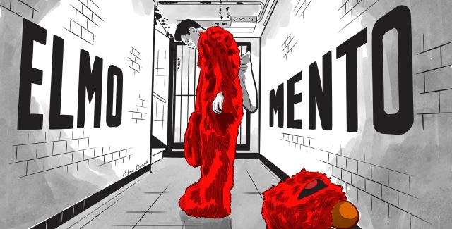 Illustration of a person in a red, furry Elmo costume with their head down. The text ELMO-MENTO.