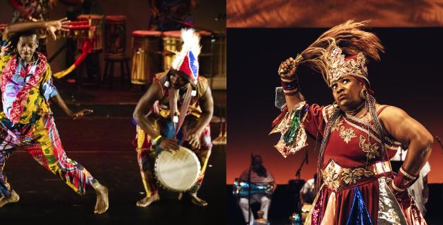 A collage of folks in traditional Afro-Cuban and Guinean garb. Bold prints. Bright colors. A drummer in a headdress. 