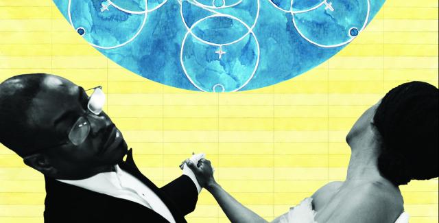 A couple in black and white dances over an orange background with a blue orb containing a multitude of white circles.