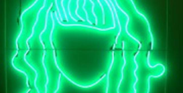 A neon sign illustration of a female with long hair and bangs.