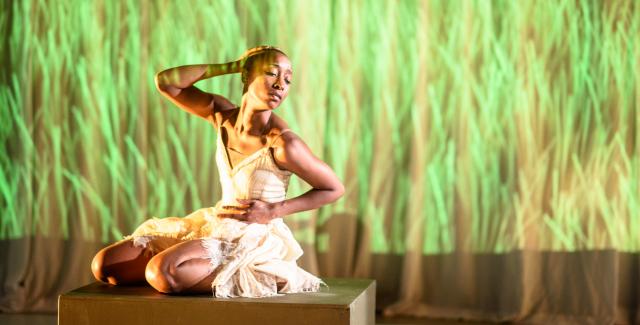 Woman dances on a platform in front of projected video of grass.