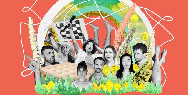 A collage of folks with microphones and making funny faces. Some feet are coming out of the ground. There's an arch of sky and earth tones. A race flag.