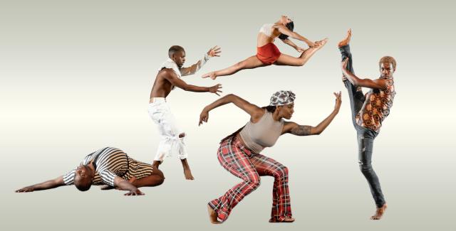 A composite of five black dancers in a white/gray orb.