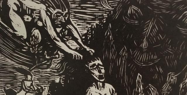 Etched image of a monstrous being pulls on the hair of another being.