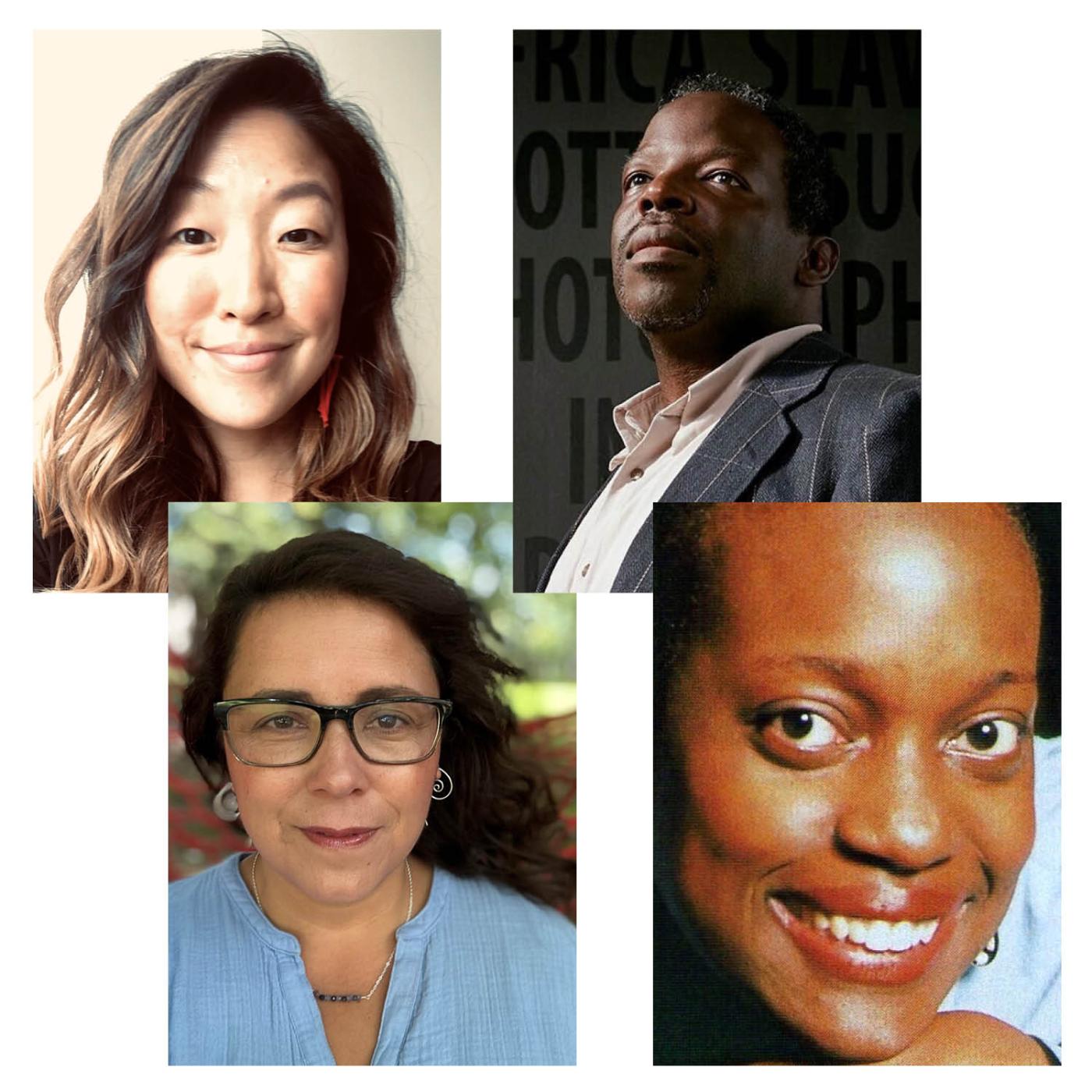 Headshots from top left: a young Asian woman with long brown hair; a middle-aged Black man with gray highlights; a middle-aged woman of color in glasses and a red lipstick; and a closeup scan of an image of a young Black woman.