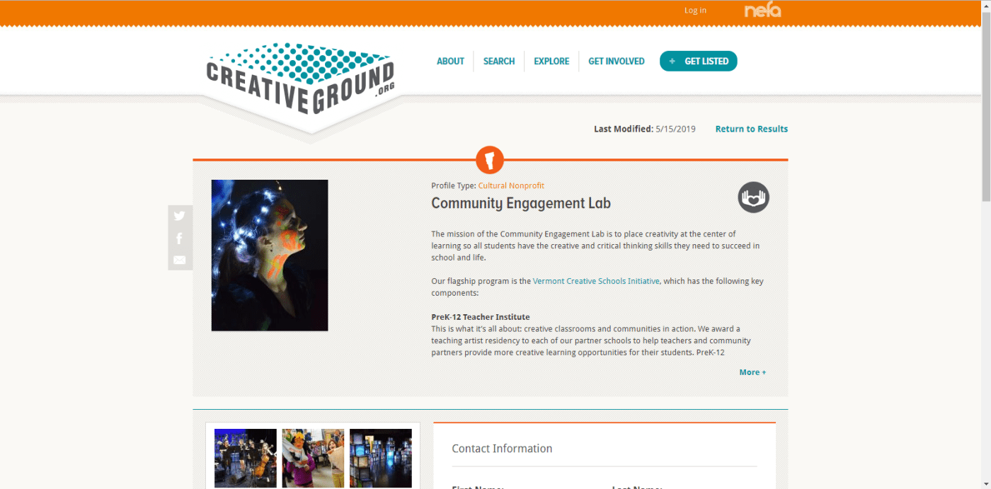 A screenshot of the CreativeGround profile for Community Engagement Lab