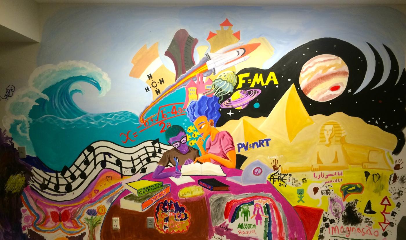 wall mural of students learning about waves, pyramids, music, language in a circular motion