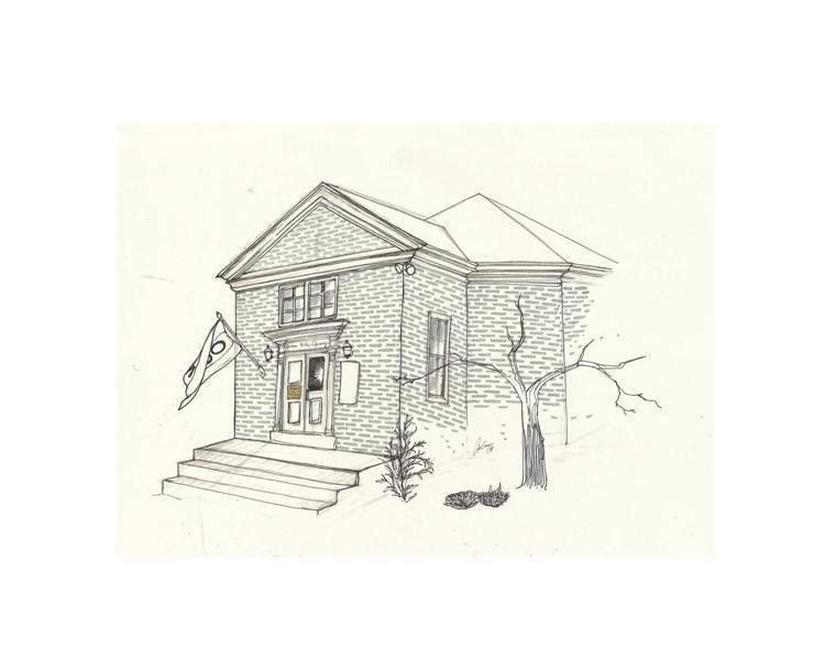 Sketch of a brick building in black and white