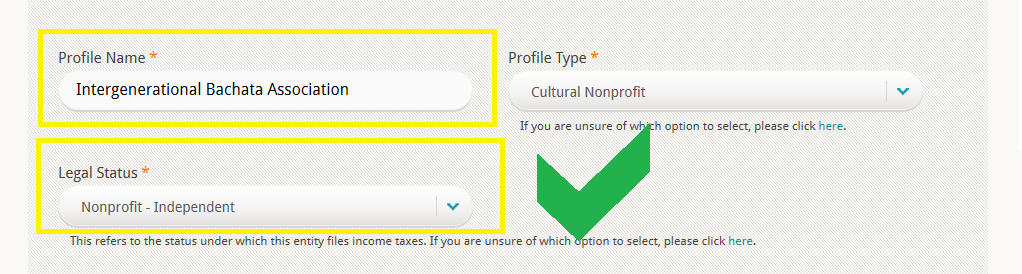 screenshot of the edit view of the CreativeGround profile for Intergenerational Bachata Association with the correct legal status of Nonprofit - Independent