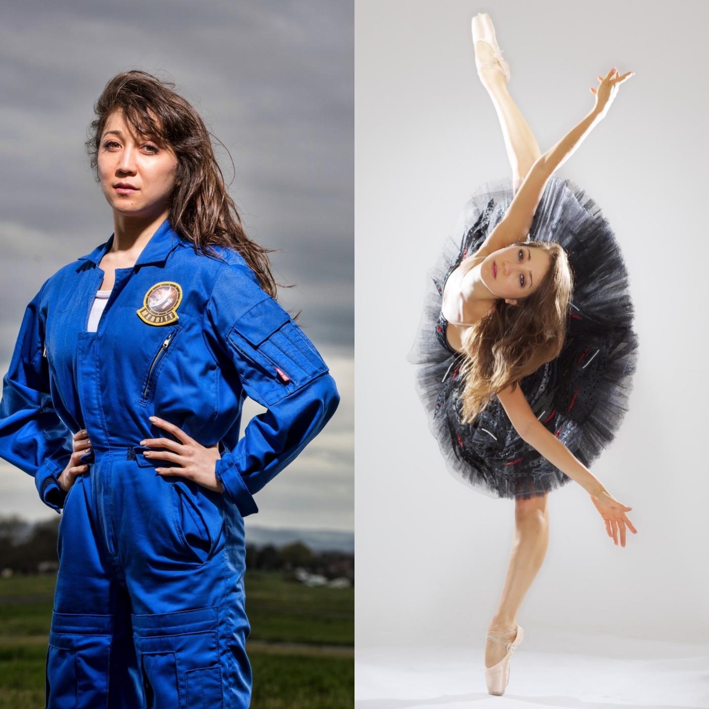 Collage: Merrit has her arms on her hips and wears a blue jumpsuit and Merrit is in a ballerina skirt and point shoes, with one leg up in the air over her body.