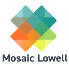 Mosaic Lowell's logo has four overlapping squares that create a multitude of colors, warm and cool.