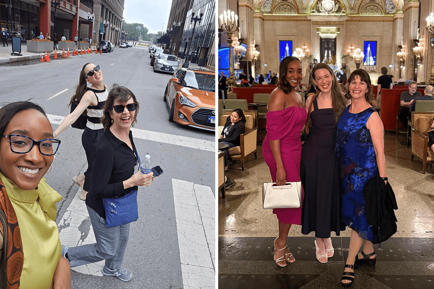 A collage of two images of the same three people. One wear they're dressed casually and one where they're dolled up! 