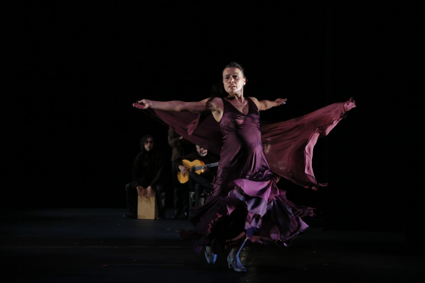 On a stage, a flamenco dancer twirls with her arms wide and her purple dress blowing in motion.