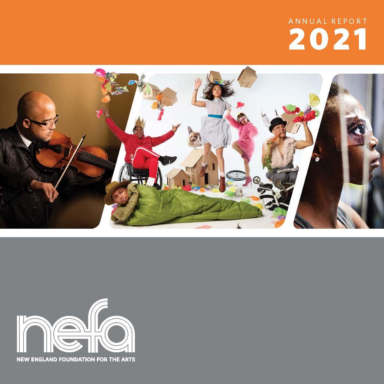 NEFA's annual report cover has orange and gray rows, with a filmstrip in the middle that has an image of a violinist, dancers in floral costumes, and a child with eyes taped over their own eyes.
