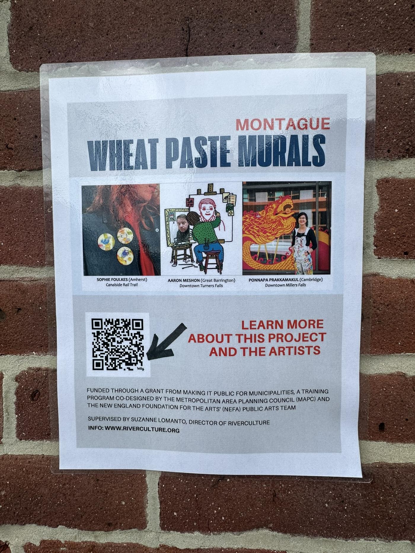 A flier with a QR code and the call for artists to make Wheat paste murals.