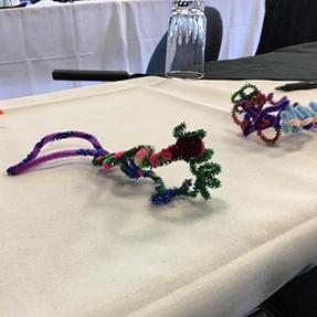 Multicolored pipe cleaner sculptures that look almost amphibious. 