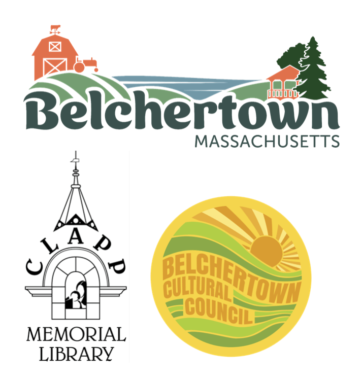 Belchertown logo with farm and trees, CLAPP Memorial Library logo with steeple, and Belchertown Cultural Council logo with the sun and green stripes to allude to grass.