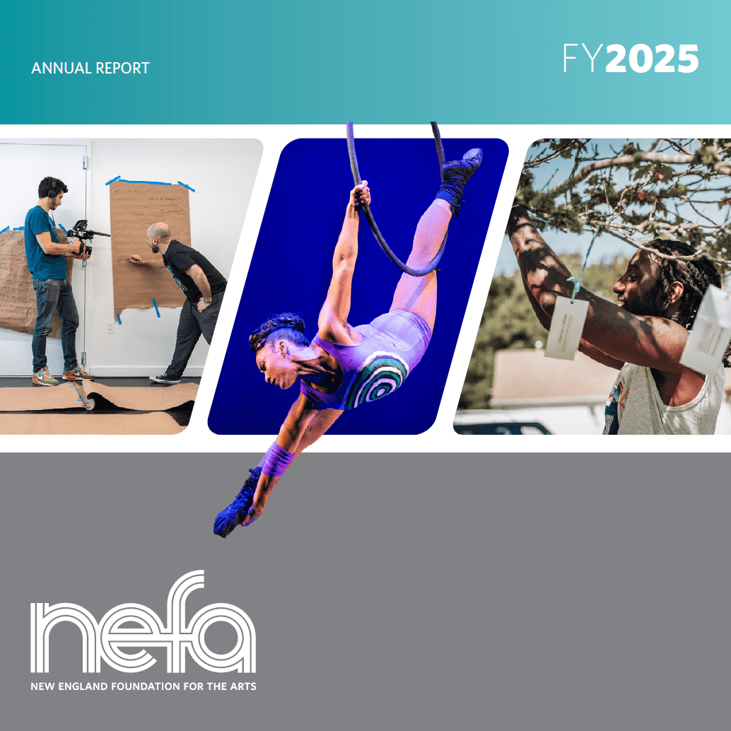 A film strip where folks are experiencing or creating art and one circus performer's arm extends beyond the strip.