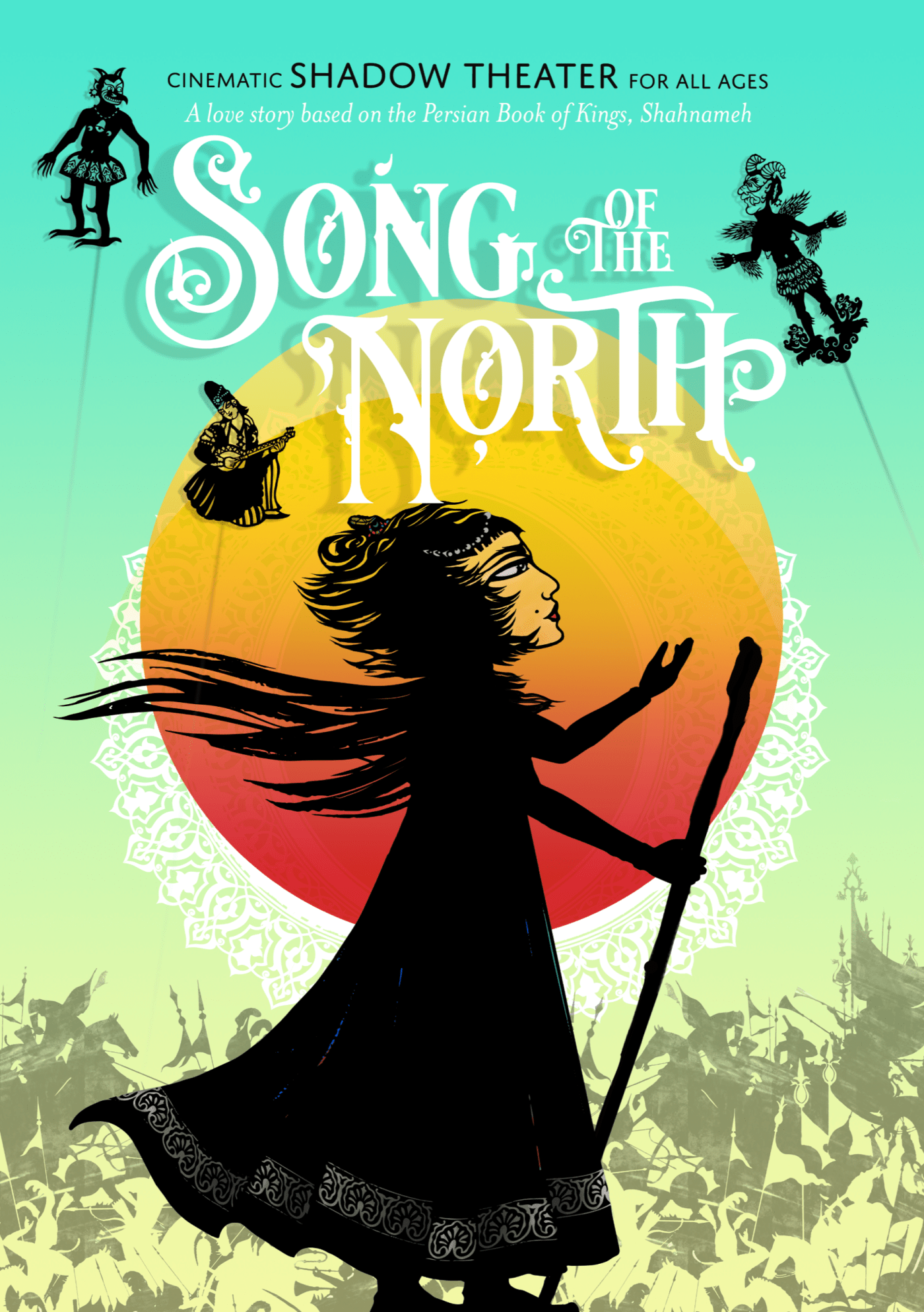 Song of the North poster art features the title and a woman with a staff in front of the sun.