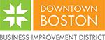 The Downtown Boston BID logo is orange and green squares with text a leafy design.