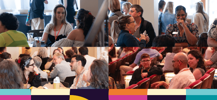 A collage of four images. People talking and laughing together.