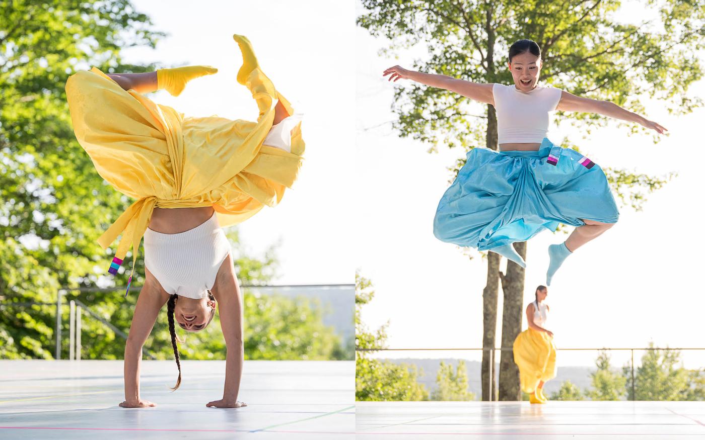 Collage of two photos: at an outdoor venue where the stage opens up to a valley, two dancers perform in each image. One does a flip and the other leaps.
