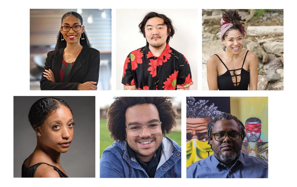 Six headshots collaged together of six folks of color. Some inside, some outside, some in studios, and some in their work spaces.