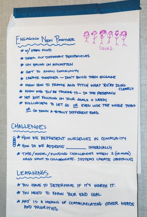 A flip chart page on a wall with notes from a conversation on engaging new partners