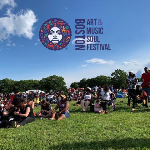 BAMS Fest logo in the sky. A large crowd of people sit in lawn chairs.
