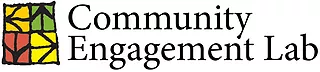 Community Engagement Lab text with an icon made up of Four Squares each with an arrow inside