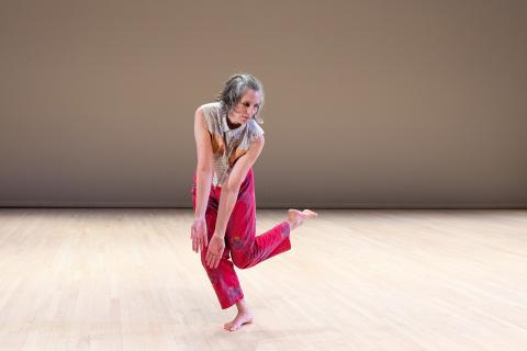 In pink pants and a multicolor tank top, Heidi holds her arms down and lifts her left leg up.