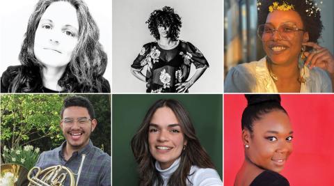 Six portraits of folks of color (two in black and white, one with a horn).