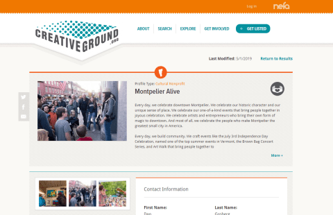 Screenshot of the CreativeGround profile for Montpelier Alive- featuring a profile image of a crowd and descriptive text for the organization's activities.