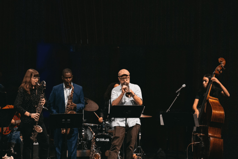 A group of folks play instruments on a stage.