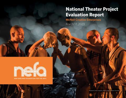 Cover of the National Theater Project evaluation. On a dark background, four puppeteers work two life size human figured puppets. The NEFA logo is on the bottom. with  