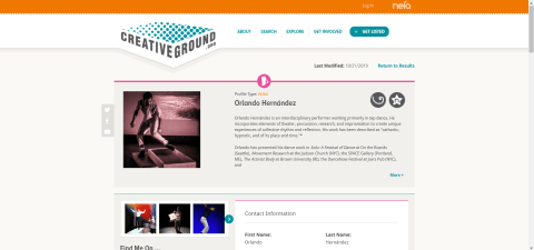 a screen capture of the CreativeGround profile for Orlando Hernandez featuring images of him tap dancing and a description of his work