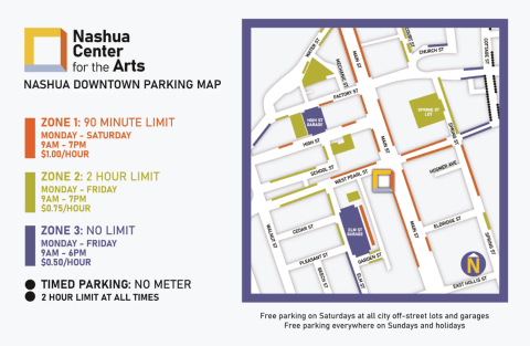 A map with three zones for parking. Zone 1 is 90 minutes  and is available on most streets surrounding the venue. Zone 2 is 2 hours and is available on the street about two blocks in every direction from the venue. Zone 3 is nonlimit and it's in parking decks a block from the venue or streets three or four blocks from the venue. Timed parking without a meter is available on some streets but it is always a 2 hour limit.