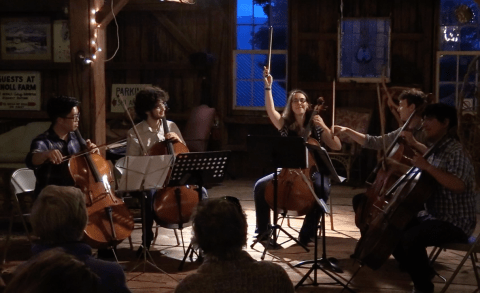 Under a spotlight, five cellists play in a cabin at dusk.