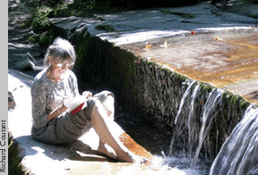 A woman reads next to a short waterfall