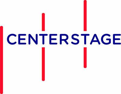 Center Stage logo, with blue text and 3 red vertical lines
