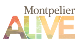 logo text that reads "Montpelier ALIVE" "ALIVE" is colorful and has an image of the capitol dome embedded in the letter A.